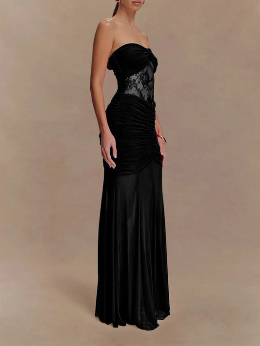 Strapless Sweetheart Twist-Front Lace Inset Ruched Column Maxi Gown