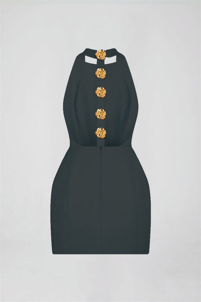 Halter Neck Metal Button Front Structured Mini Dress