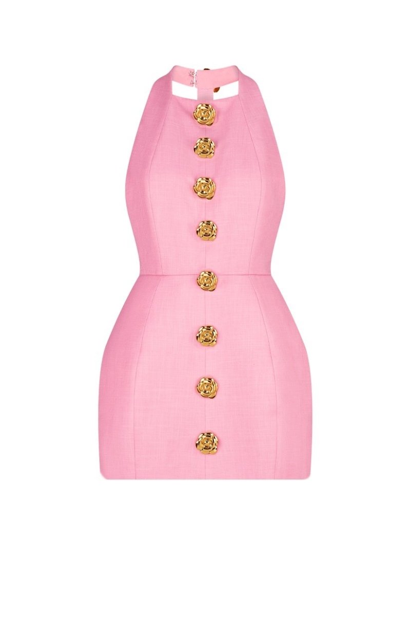 Halter Neck Metal Button Front Structured Mini Dress