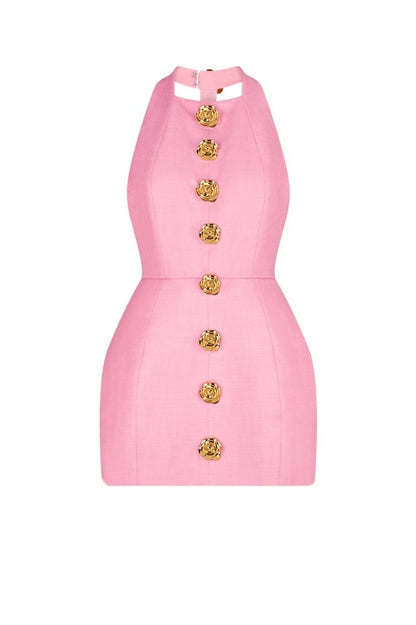 Halter Neck Metal Button Front Structured Mini Dress