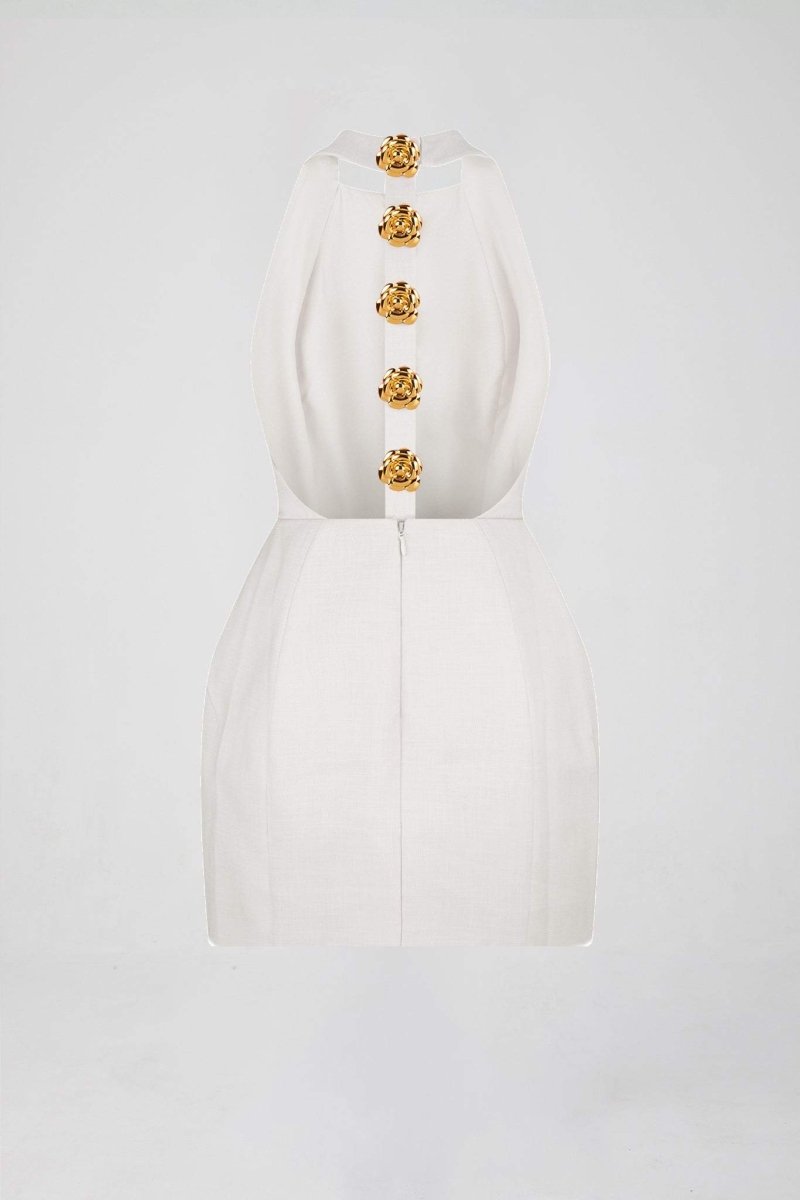 Halter Neck Metal Button Front Structured Mini Dress