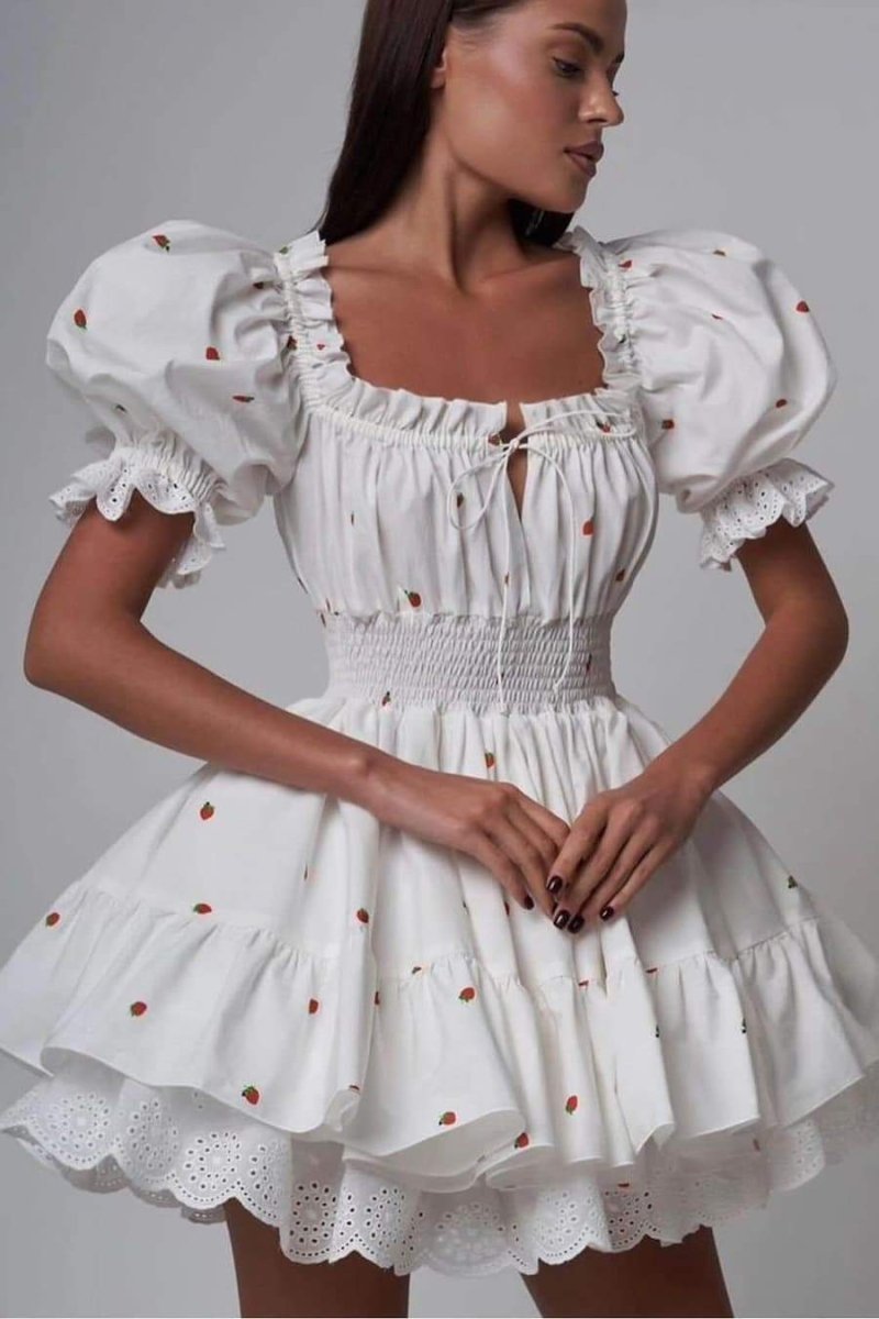 Strawberry Print Square Neck Puff Sleeve Smocked Eyelet Lace Mini Dress