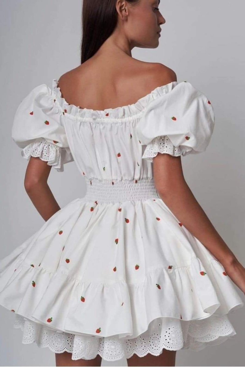 Strawberry Print Square Neck Puff Sleeve Smocked Eyelet Lace Mini Dress