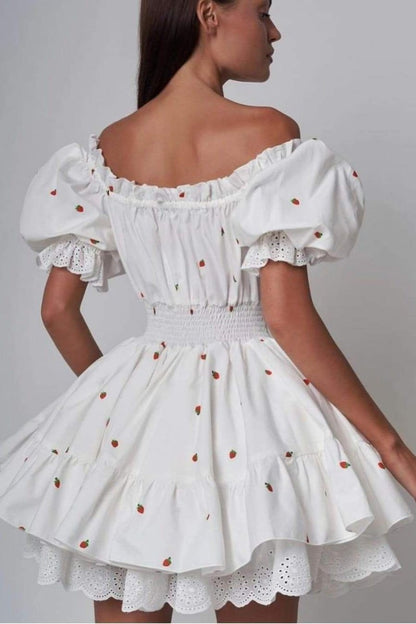 Strawberry Print Square Neck Puff Sleeve Smocked Eyelet Lace Mini Dress