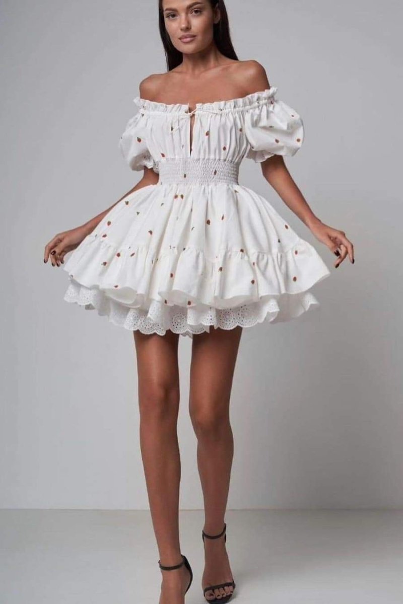 Strawberry Print Square Neck Puff Sleeve Smocked Eyelet Lace Mini Dress