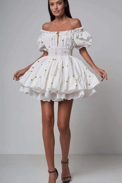 Strawberry Print Square Neck Puff Sleeve Smocked Eyelet Lace Mini Dress