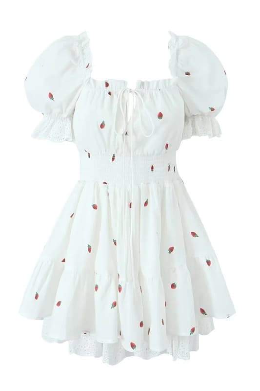 Strawberry Print Square Neck Puff Sleeve Smocked Eyelet Lace Mini Dress