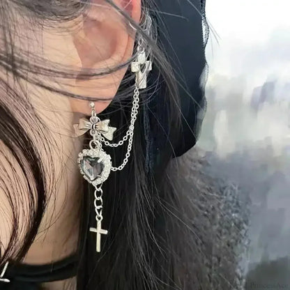 Rebel Antique Metal Cross Dark Heart Earring