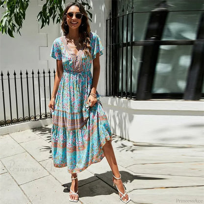 Red Floral Print Bat Sleeve Tassel V-neck Summer Boho Dress