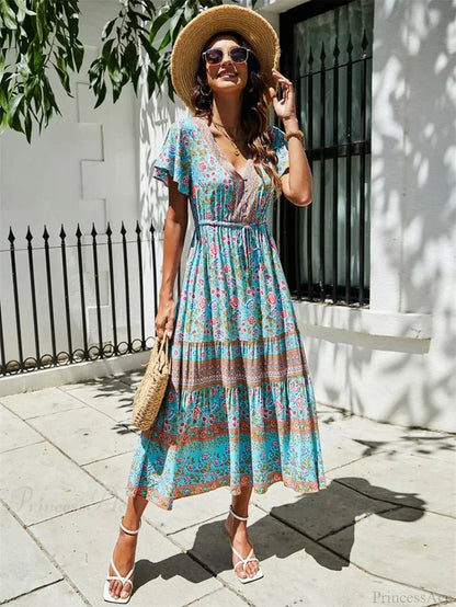 Red Floral Print Bat Sleeve Tassel V-neck Summer Boho Dress