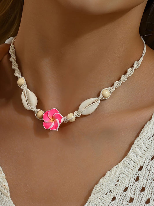Red Shell Choker Necklace in Boho Style with Rose