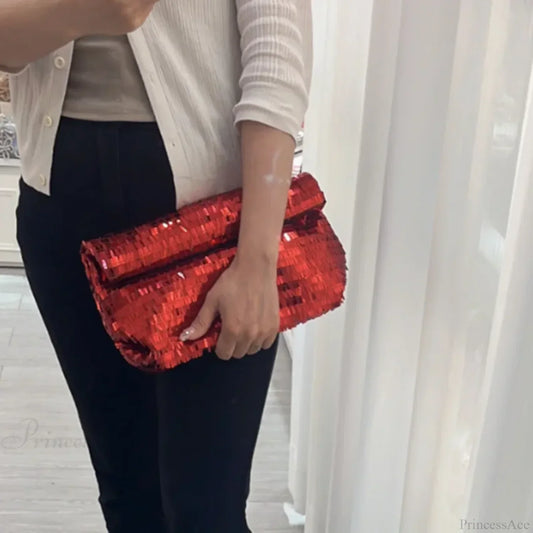 Red Sequin Leather Clutch Bag Wristlet