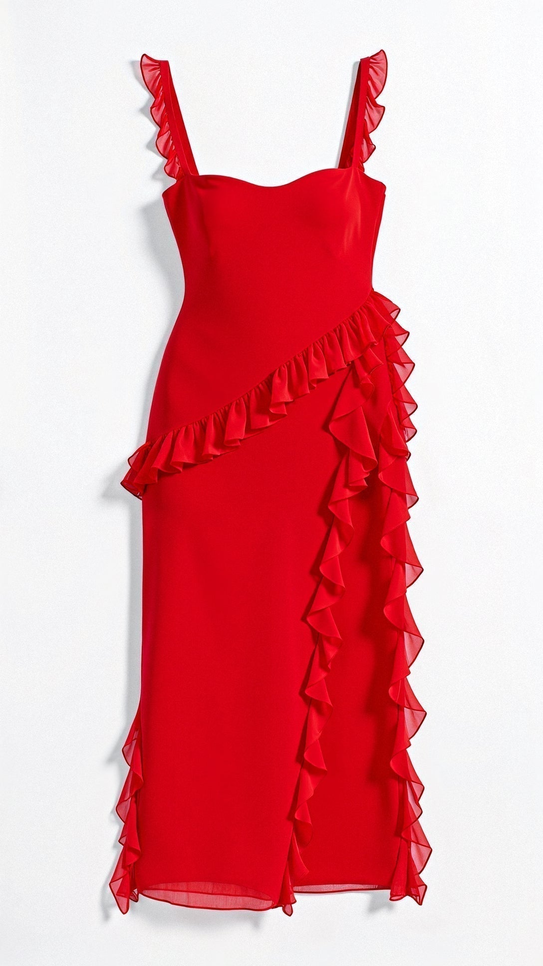 Square Neck Ruffle Strap Faux Wrap Asymmetrical Hem Midi Dress