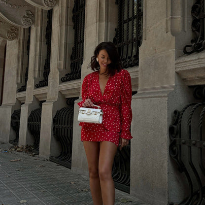 Red floral pleated mini dress