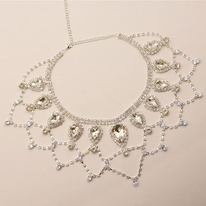 Pear Cut Rhinestone Pointed Bib Necklace Silver