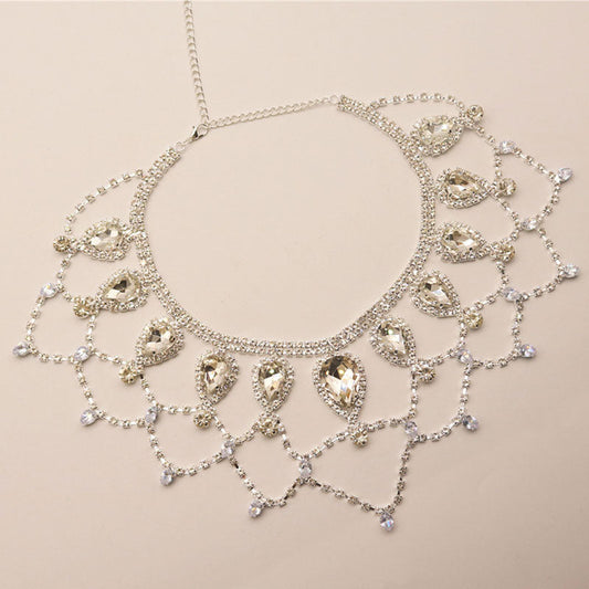 Pear Cut Rhinestone Pointed Bib Necklace Silver
