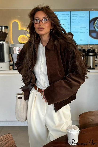 Retro Coffee Cotton Corduroy Zip Jacket