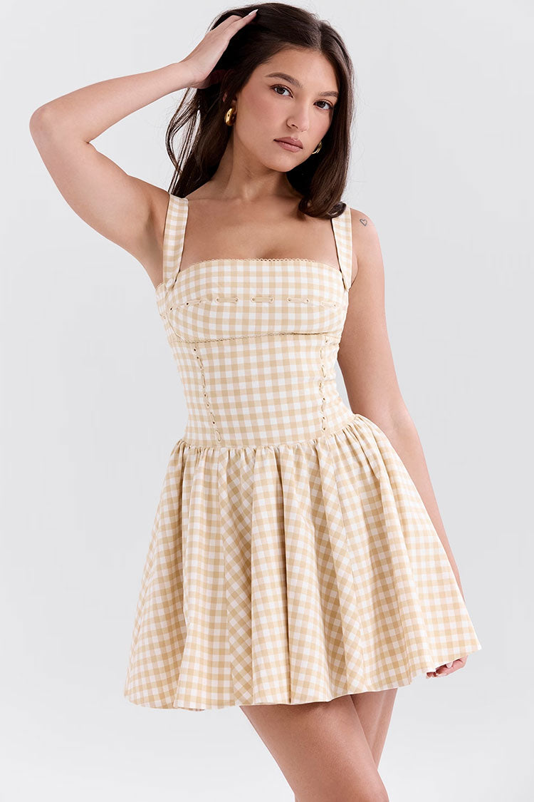 Square Neck Wide Strap Corset Seam Picot Trim Gingham Fit and Flare Mini Dress