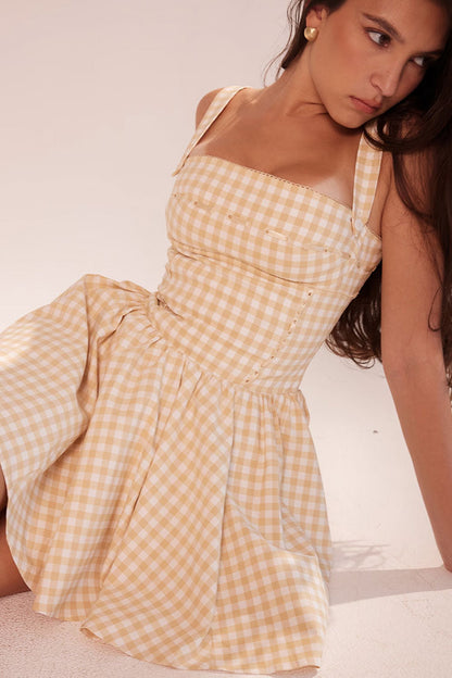 Square Neck Wide Strap Corset Seam Picot Trim Gingham Fit and Flare Mini Dress