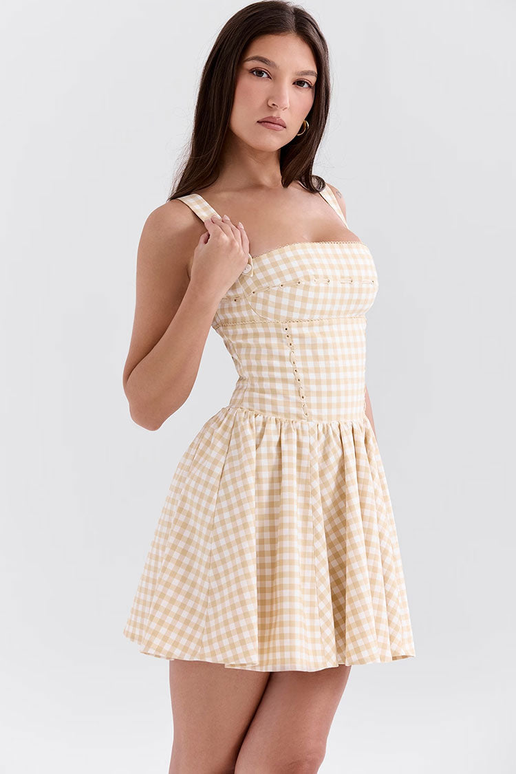 Square Neck Wide Strap Corset Seam Picot Trim Gingham Fit and Flare Mini Dress