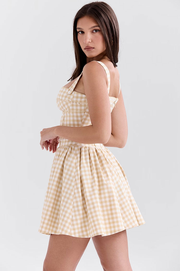 Square Neck Wide Strap Corset Seam Picot Trim Gingham Fit and Flare Mini Dress