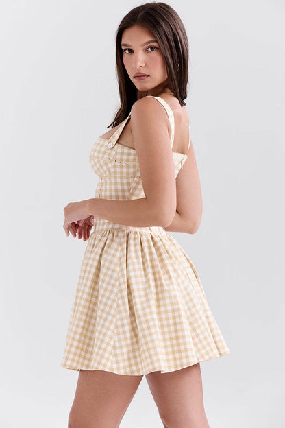 Square Neck Wide Strap Corset Seam Picot Trim Gingham Fit and Flare Mini Dress