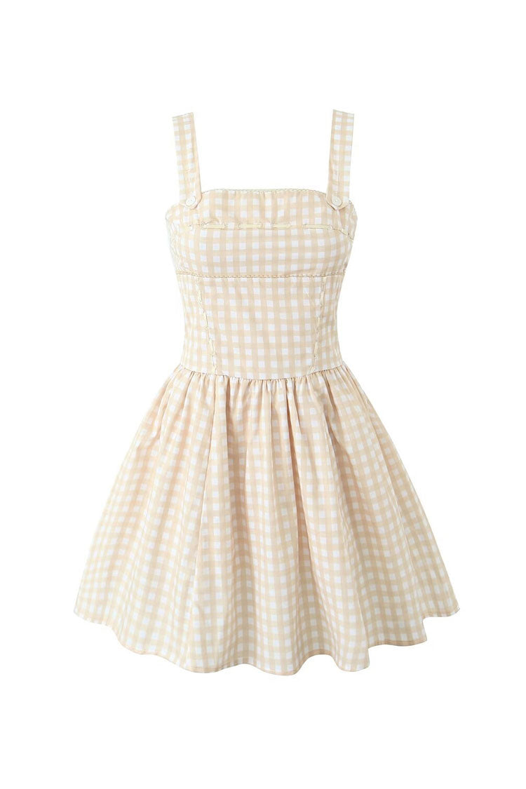 Square Neck Wide Strap Corset Seam Picot Trim Gingham Fit and Flare Mini Dress