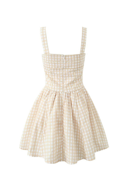 Square Neck Wide Strap Corset Seam Picot Trim Gingham Fit and Flare Mini Dress
