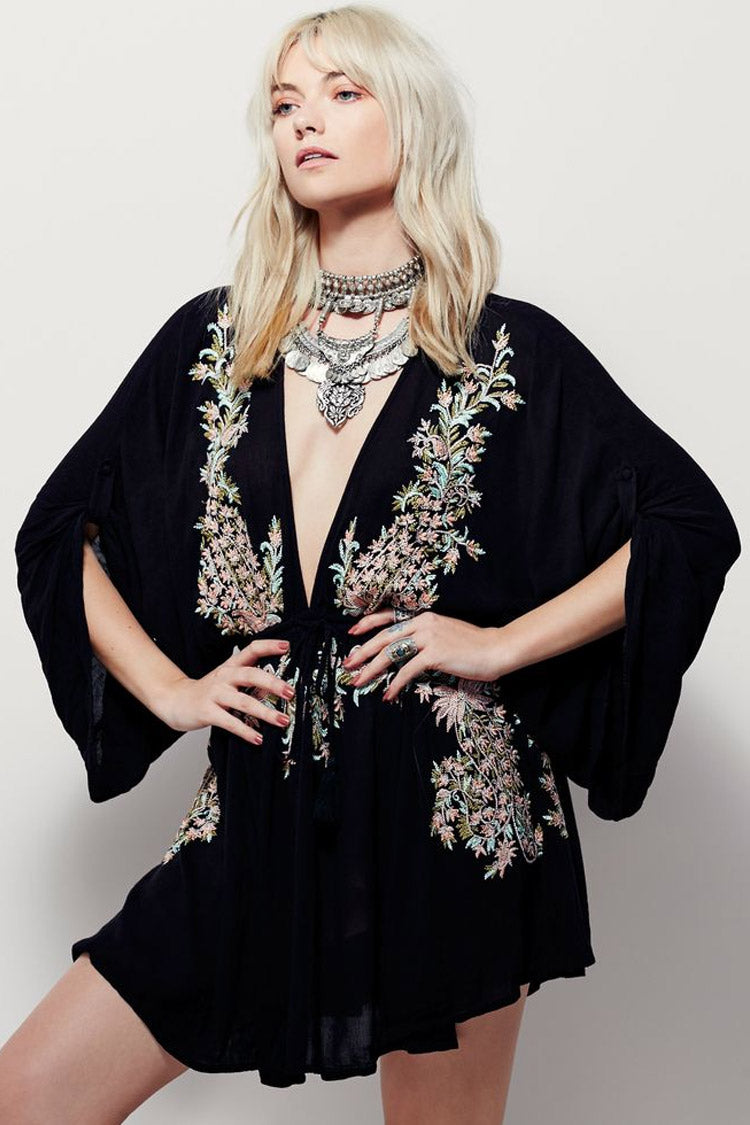 Embroidered Deep V-Neck Kimono Sleeve Drawstring Waist Mini Dress
