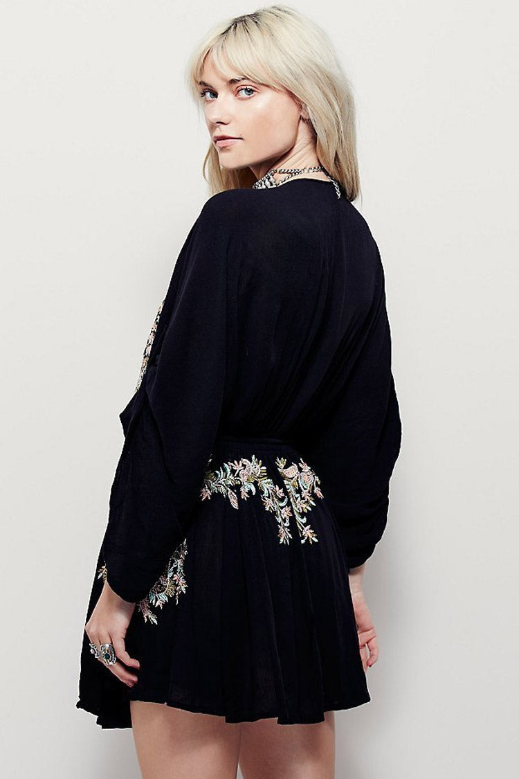 Embroidered Deep V-Neck Kimono Sleeve Drawstring Waist Mini Dress