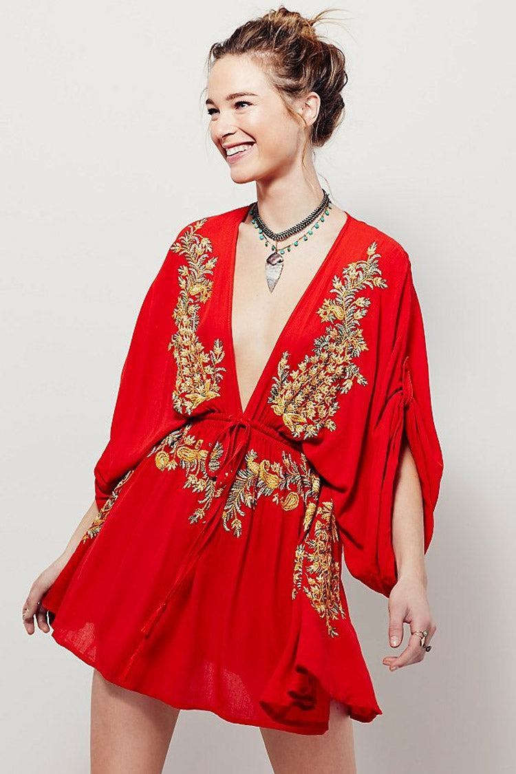 Embroidered Deep V-Neck Slit Sleeve Drawstring Waist Mini Dress