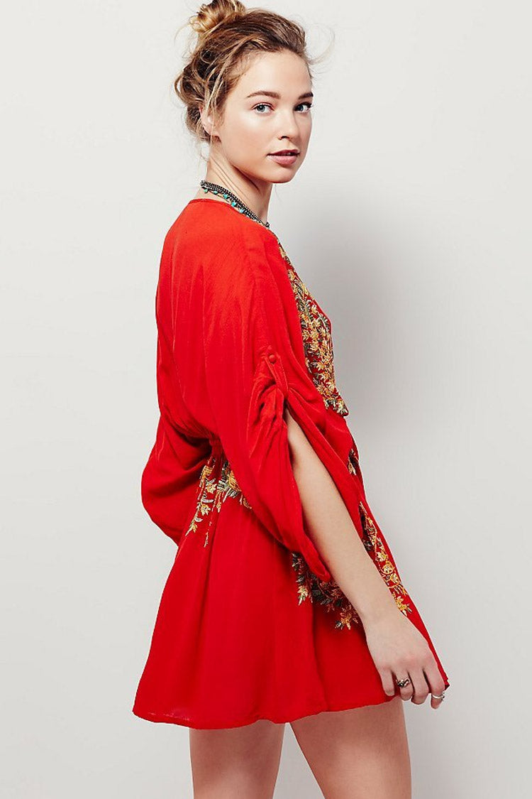 Embroidered Deep V-Neck Slit Sleeve Drawstring Waist Mini Dress