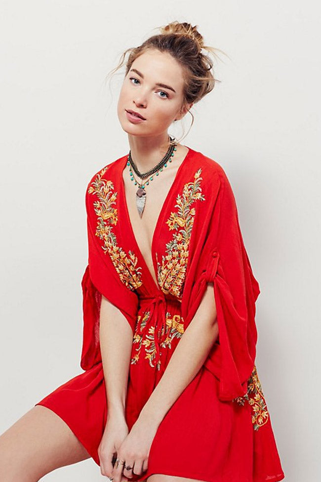Embroidered Deep V-Neck Slit Sleeve Drawstring Waist Mini Dress