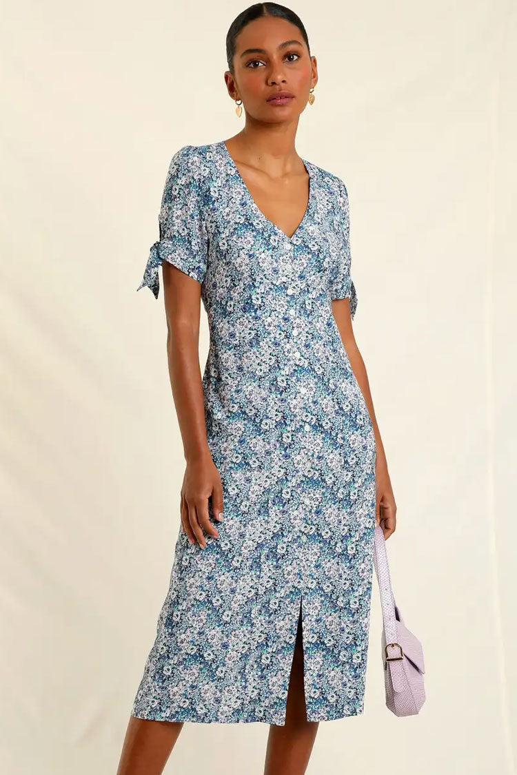 Ditsy Floral V-Neck Button Front Tie Sleeve Midi Dress