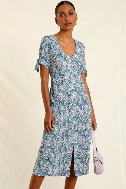 Ditsy Floral V-Neck Button Front Tie Sleeve Midi Dress