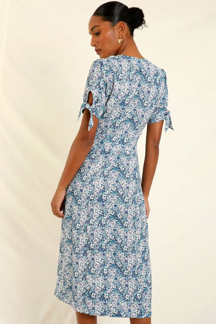 Ditsy Floral V-Neck Button Front Tie Sleeve Midi Dress