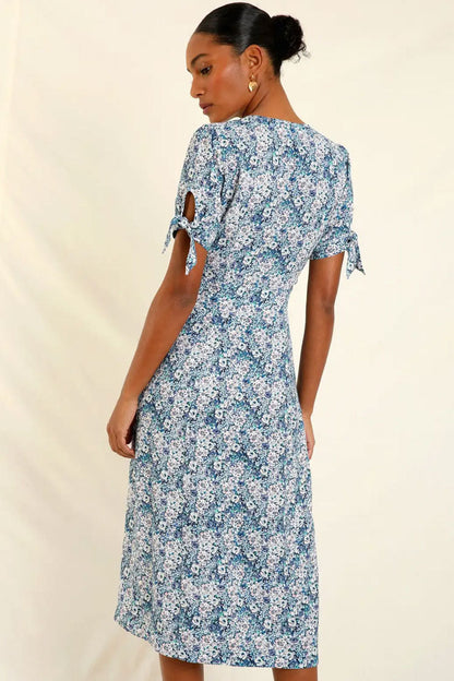 Ditsy Floral V-Neck Button Front Tie Sleeve Midi Dress