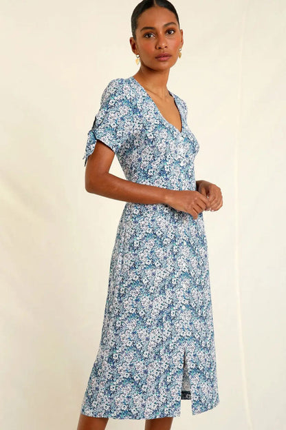 Ditsy Floral V-Neck Button Front Tie Sleeve Midi Dress