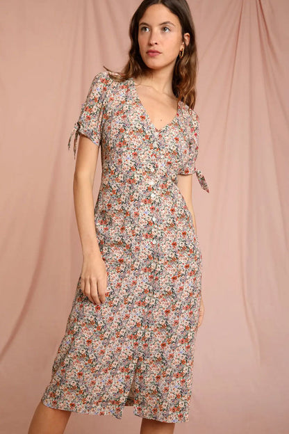 Ditsy Floral V-Neck Button Front Tie Sleeve Midi Dress