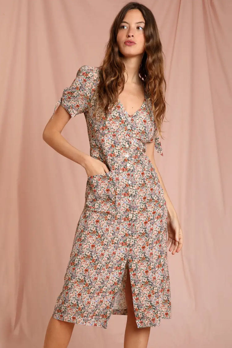 Ditsy Floral V-Neck Button Front Tie Sleeve Midi Dress