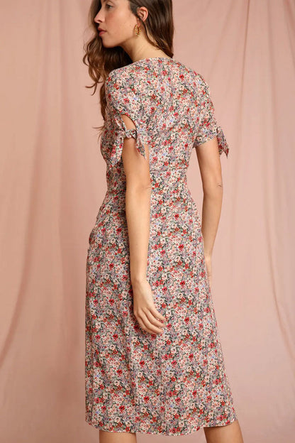 Ditsy Floral V-Neck Button Front Tie Sleeve Midi Dress