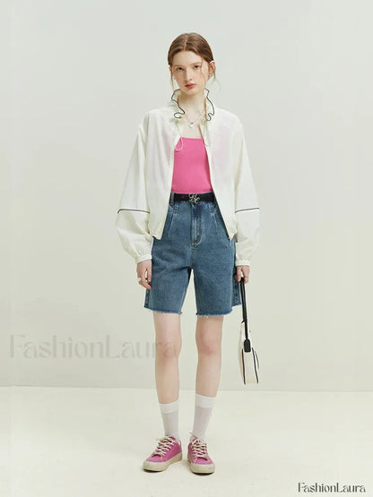 Retro Frayed-trimmed Denim Blue Cotton Shorts