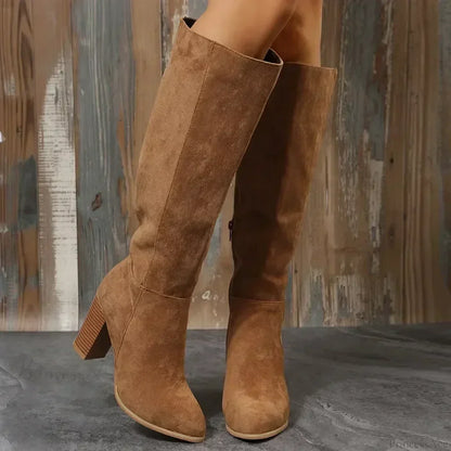 Retro High Heel Western Cowboy Chunky Winter Warm Plush Leather Suede Knee High Boot