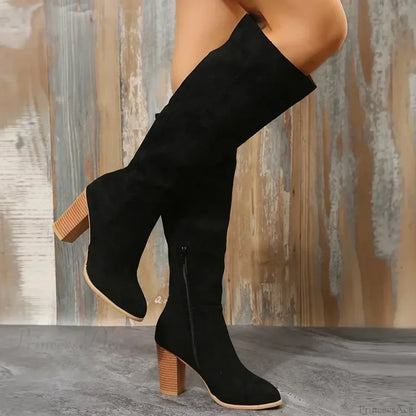 Retro High Heel Western Cowboy Chunky Winter Warm Plush Leather Suede Knee High Boot