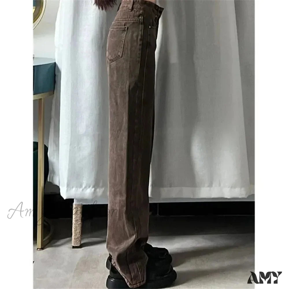 Retro Y2K Brown Wide Leg Irregular Baggy 90s Solid High Waist Comfortable Jeans