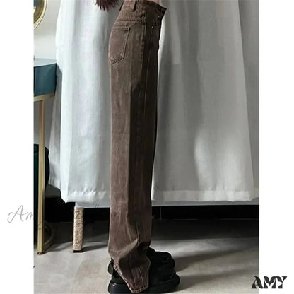 Retro Y2K Brown Wide Leg Irregular Baggy 90s Solid High Waist Comfortable Jeans