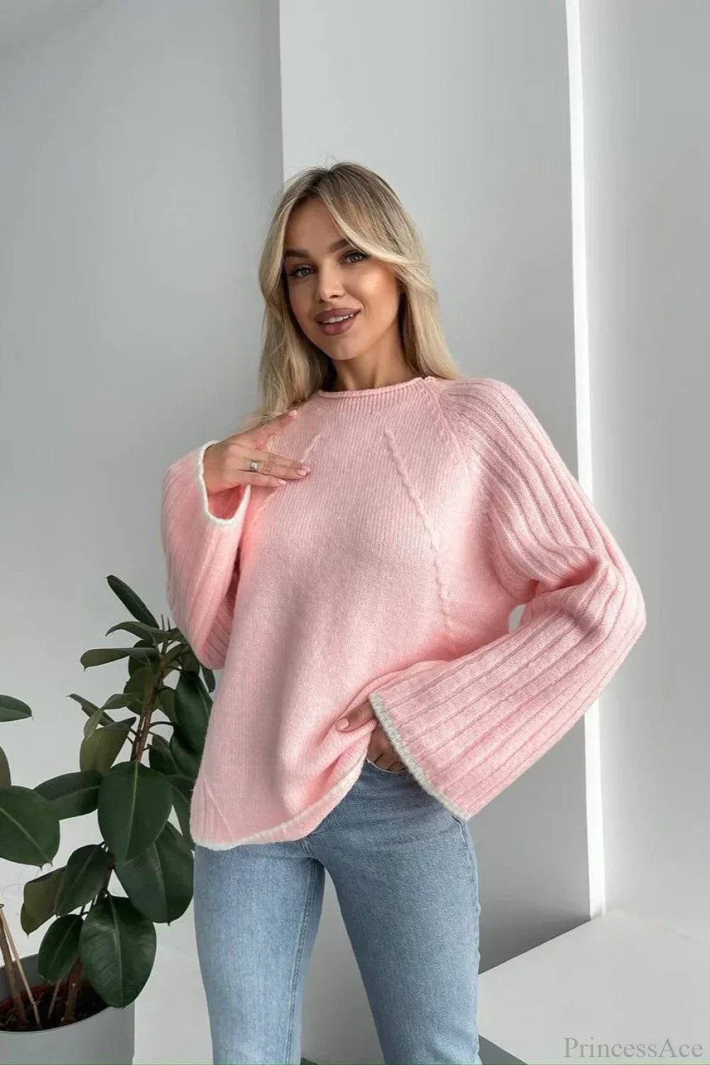rewneck Ribbed Base Bell Sleeve Loose Sweater