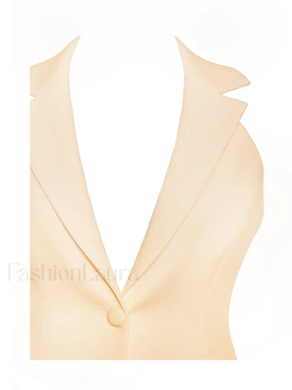 Reyna Beige Backless Charming Pleated Mini Blazer Dress