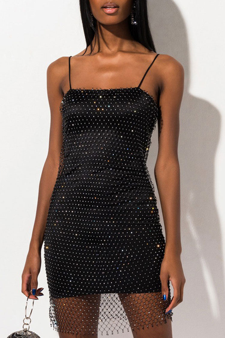 Rhinestone Mesh Overlay Spaghetti Strap Square Neck Bodycon Mini Dress