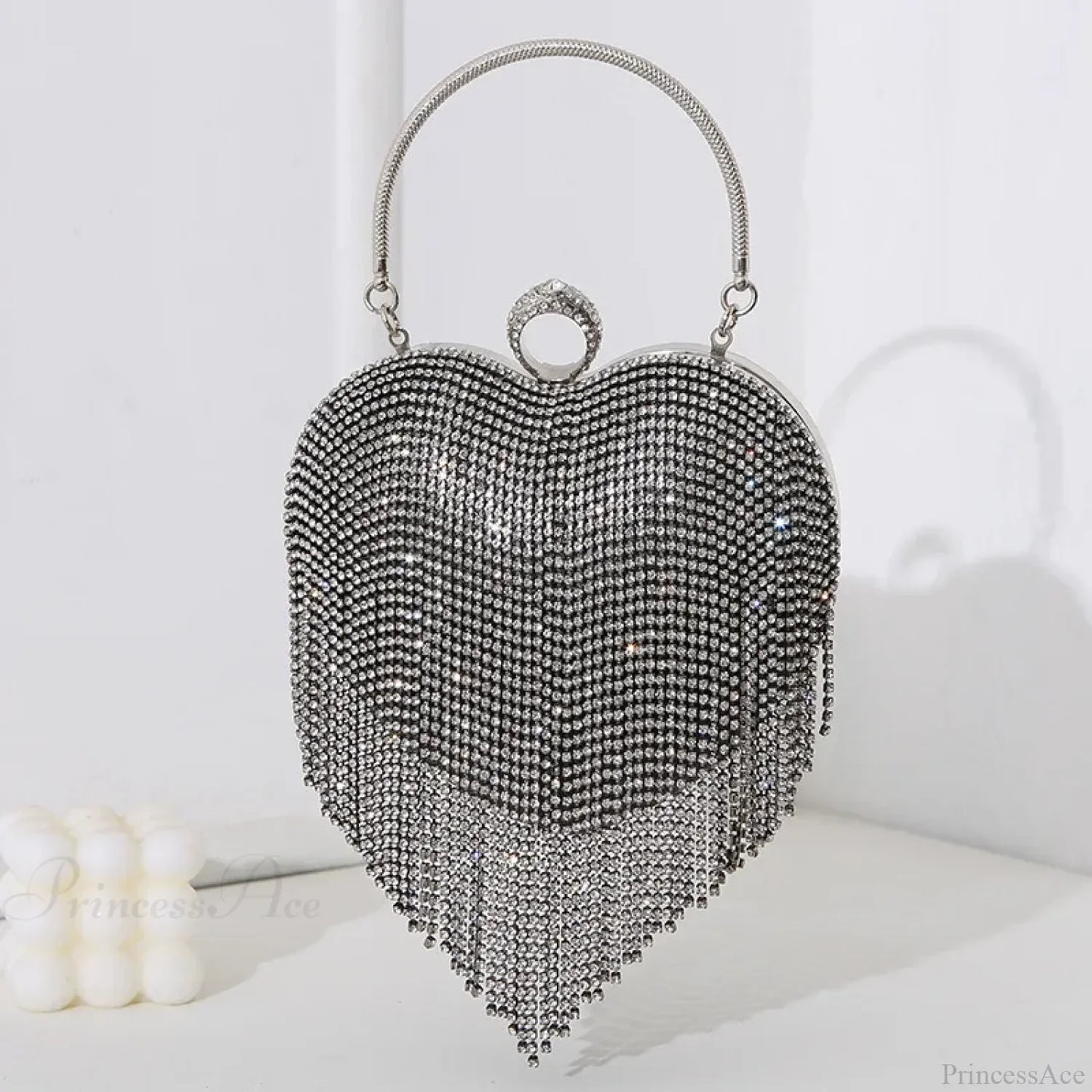 Rhinestone Heart Pattern Silver Evening Clutch Wedding Bridal Purse